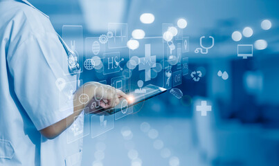 Medical technology and futuristic concept. Doctor using medical hologram modern virtual screen interface icons.	