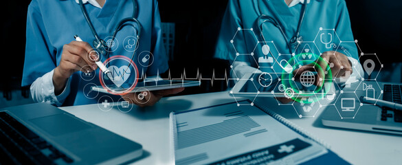 Medical technology and futuristic concept. Doctor using medical hologram modern virtual screen interface icons.	