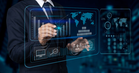 Businessman hands working on network and digital finance marketing chart with future technology innovation and digital transformation concept.