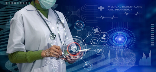 Medical technology and futuristic concept. Doctor hologram modern virtual screen interface.	