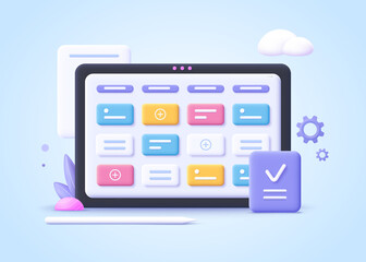 Concept of kanban board, agile project management concept, work schedule organization, time planning and workflow managing.3d realistic vector illustration.