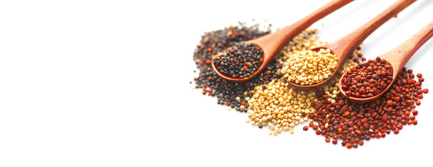 Black, red and white quinoa grains in a wooden spoon isolated on white background. Gluten free Healthy food. Seeds of white, red and black quinoa - Chenopodium quinoa closeup. 