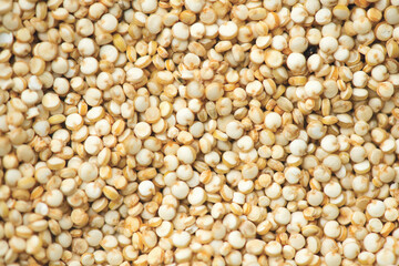 Quinoa White grains background, flat lay backdrop. Gluten free Healthy food. Diet, dieting concept. Seeds of white quinoa - Chenopodium quinoa. Flatlay, top view. 