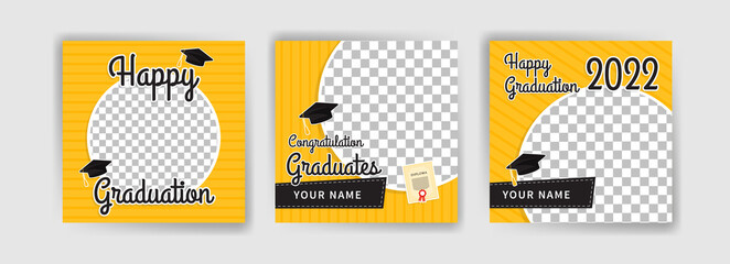 Photo booth props frame for graduation party. Selfie concept. Frame with hats for graduates. Congratulate graduate quotes.