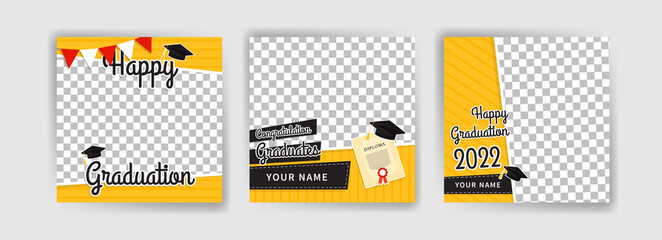 Photo booth props frame for graduation party. Selfie concept. Frame with hats for graduates. Congratulate graduate quotes.