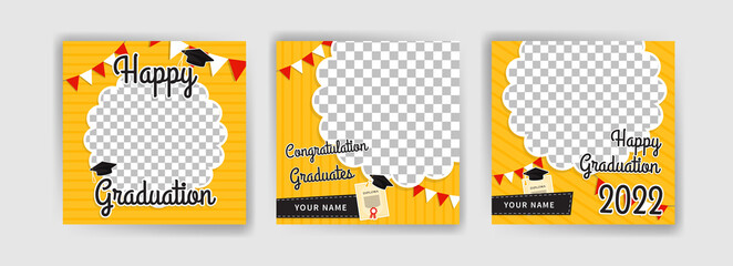 Photo booth props frame for graduation party. Selfie concept. Frame with hats for graduates. Congratulate graduate quotes. © suicidestock