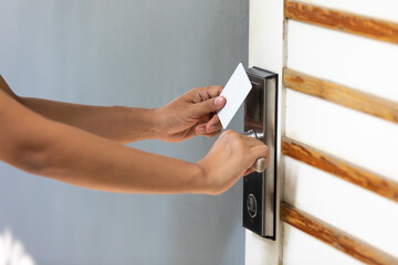 Hotel door room. Mockup key card. Key card unlock to open electronic lock in hotel door