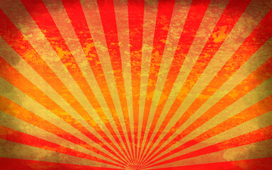 Retro groovy sunburst background pattern in 60s hippy style grunge textured vintage color palette of blue orange red beige and brown in spiral or swirled radial striped starburst retro groovy sunburst