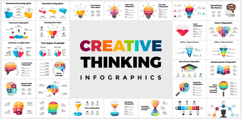 Fototapeta na wymiar 30 creative thinking infographics. Presentation slide template. Human head and brain. Brainstorming, educational concept. Generating idea light bulb layout. 