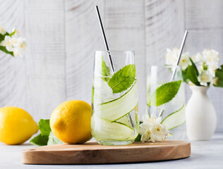Detox water with cucumber, mint and lemon juice. Cucumber water.