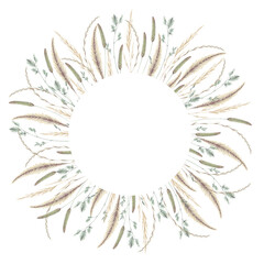 Watercolor illustration of wreath with vintage spikelets and blades of grass isolated on a white background. Round frame with meadow plants, herbs. Dry simple field grass.