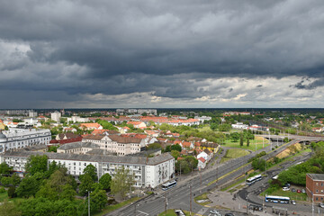 Naklejka premium Dark clouds over Debrecen city, Hungary