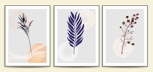 Fototapeta na wymiar Set of minimalism botanical vector illustration as abstraction composition with leaves. ideal for art gallery. modern wall art poster. minimal interior design