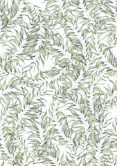 Naklejka na ściany i meble Watercolor seamless pattern with palm or willow tree leaves on white background. Hand painted exotic greenery branch. Botanical illustration for design, print, background.