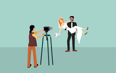 Photographer takes a wedding photo, bride and groom in the frame, flat vector illustration