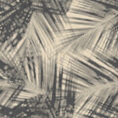 Seamless abstract print of botanical leaf shadows over abstract surface design. High quality illustration. Tropical palm leaves showing in the negative space between sunlight rays overlaid on design.