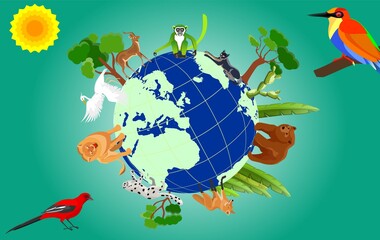 Planet Earth with fauna and flora . Green planet earth vector. Wild animals and trees vector. Biodiversity Day Poster, concept