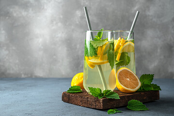 Refreshing lemonade with mint on a gray-blue background.