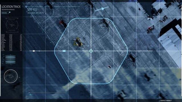 Newest Spying System is dealing with satellite search. Satellite search of the Location of the Enemy Armed Forces. Satellite search Identifying Multiple Helicopters on the Military Base. Interface.