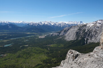 Fototapeta na wymiar View towards Canadian Rockies at the summit of Yamnuska Mountain at the front Range of the Canadian Rockies Alberta Canad