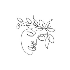 Abstract Woman Face with Flowers One Line Art Style Drawing. Continuous Line Art Minimalist Style for Wall Art, Print, Tattoo, Poster, Textile etc. Floral Female Fashion Face Vector illustration