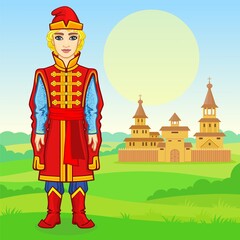 Animation portrait of the young Russian man in rich ancient clothes. Full growth. Fairy tale character. Background - a summer landscape, ancient wooden city. Vector illustration.