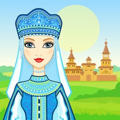 Animation portrait of the young beautiful Russian girl in ancient national clothes. Fairy tale character. Background - a summer landscape, the ancient wooden palace. Vector illustration. 