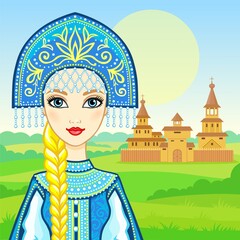 Animation portrait of the young beautiful Russian girl in ancient national clothes. Fairy tale character. Background - a summer landscape, the ancient wooden palace. Vector illustration. 