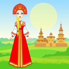 Animation portrait of the young Russian girl in traditional clothes.  Fairy tale character. Full growth. A background - a rural landscape, the ancient house. Vector illustration.