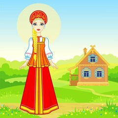 Obraz na płótnie Canvas Animation portrait of the young Russian girl in traditional clothes. Fairy tale character. Full growth. A background - a rural landscape, the ancient house. Vector illustration.