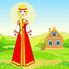 Obraz na płótnie Canvas Animation portrait of the young Russian girl in traditional clothes. Fairy tale character. Full growth. A background - a rural landscape, the ancient house. Vector illustration.