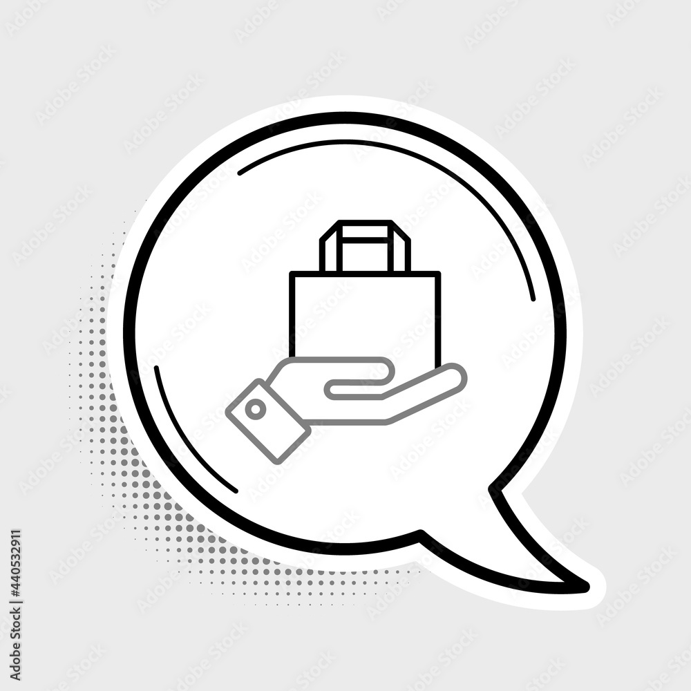 Sticker line hand and paper shopping bag icon isolated on grey background. package sign. colorful outline co