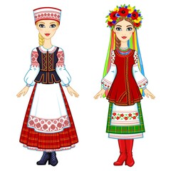 Slavic beauty. Animation portrait of the Ukrainian and Belarusian girls in national suits. Eastern Europe. Full growth. Vector illustration isolated on a white background.