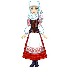 Animation portrait of the young Belarusian girl in traditional clothes. Eastern Europe. Full growth. Vector illustration isolated on a white background.