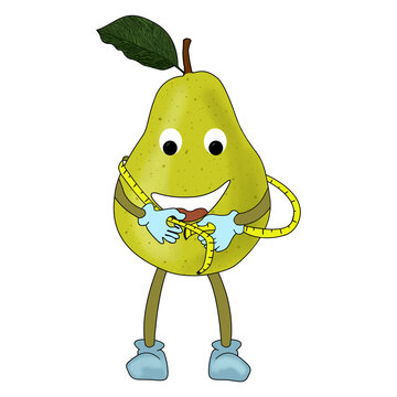 Funny Pear Cartoon Character With Measuring Tape.