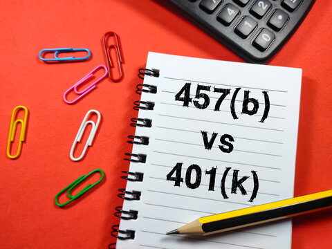 Business concept. Text 457(b) vs 401(k) on notebook with calculator,paper clips and pencil on red background.