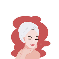 Close up front view of face young beautiful woman who a bandana and applying face mask or cream.Vector isolate flat design concept for  Beauty, skincare, makeup ,cleaning face banner or web