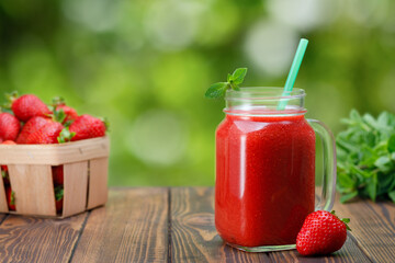 strawberry smoothie in glass mason jar outdoors