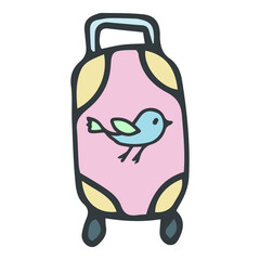 Bird in doodle style. White background. Gray outline. Pastel colors vector illustration for travel blog design. Migratory bird. Pink suitcase on wheels. Hand-drawn cartoon-style image for a postcard.
