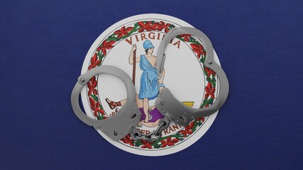 A half opened steel handcuff in center on top of the US state flag of Virginia