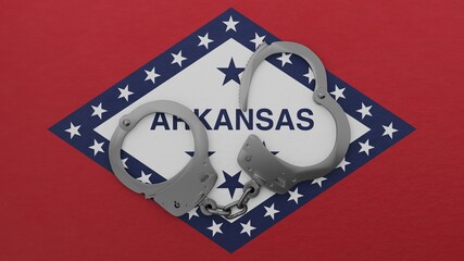 A half opened steel handcuff in center on top of the US state flag of Arkansas