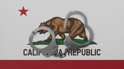 A half opened steel handcuff in center on top of the US state flag of California