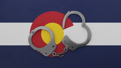 A half opened steel handcuff in center on top of the US state flag of Colorado