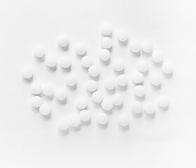 White pills on a white background. round pills close-up. Healthcare and medicine.	