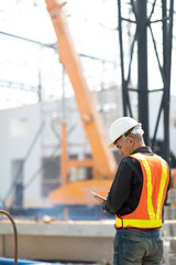 Hispanic or Middle Eastern people. Portrait Of Construction Worker On Building Site.