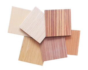 wooden laminated samples containing light oak ,ash and cherry ,maple wood textures isolated on white background with clipping path. wooden interior material swatch catalog.