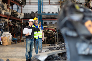 Mechanical man owner small business inspecting old car parts stock on laptop computer while working in old automobile parts large warehouse