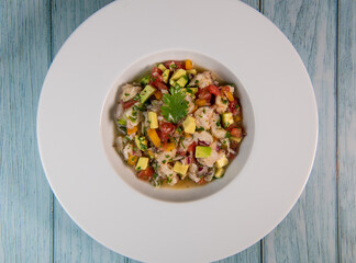 Cod Ceviche recipe, bread in oil and garlic. High quality photo
