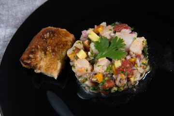 Cod Ceviche recipe, bread in oil and garlic. High quality photo