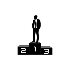 Winners business man on award pedestal icon isolated on white background